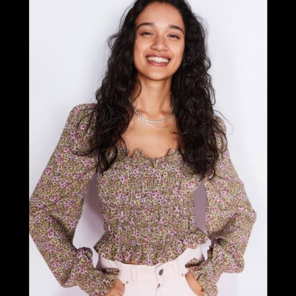 H&M micro floral daisy Frill-trimmed blouse Square neckline Long sleeve viscose